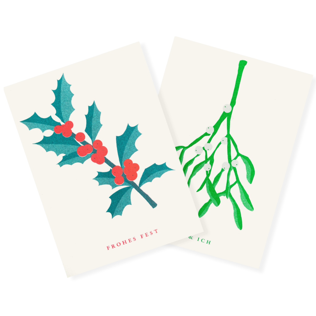 Mistelzweig und Stechpalme | Mistletoe and Holly | 2 Risograph Postcards